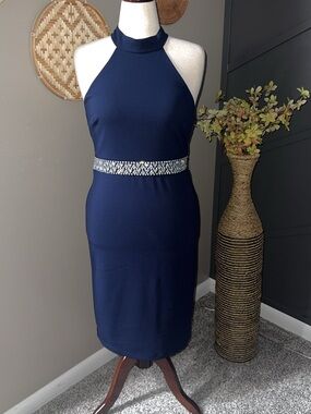 BECCA Navy Halter Midi Dress with Embellished Waist